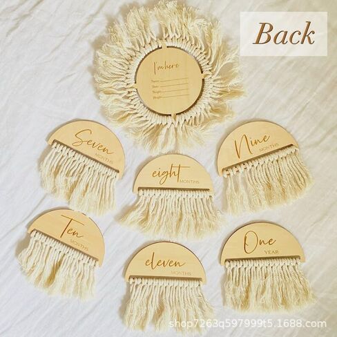 بطاقة شهرية لصورة الطفل على شكل شرابة منقوشة على الوجهين على طراز بوهو، قرص خشبي مزدوج الجوانب مكون من 7 قطع، مجموعة هدايا الطفل لبطاقة صور مايلستون للسنة الأولى للطفل، بقطر 3.9 بوصة in Kuwait