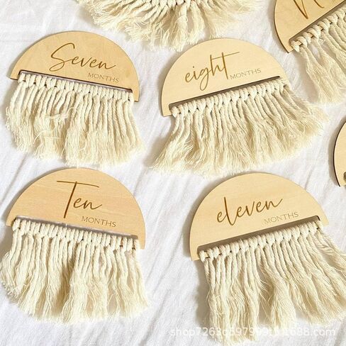 بطاقة شهرية لصورة الطفل على شكل شرابة منقوشة على الوجهين على طراز بوهو، قرص خشبي مزدوج الجوانب مكون من 7 قطع، مجموعة هدايا الطفل لبطاقة صور مايلستون للسنة الأولى للطفل، بقطر 3.9 بوصة in Kuwait