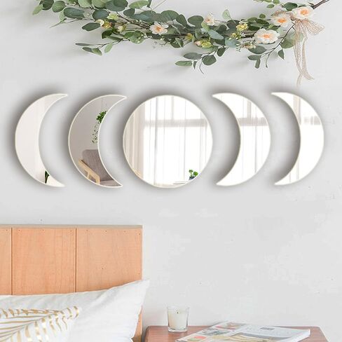 Acrylic Mirror Wall Stickers Natural Wall Decor Self Adhesive 5 Pieces Mirrors Stickers Moon Phase Mirror Bohemian Wall Decoration for Home Living Room Bathroom Bedroom Decor (15cm) in Saudi Arabia