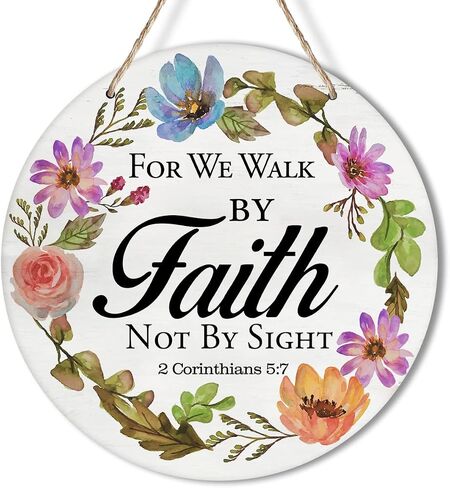 Yuzi-n for We Walk by Faith Wreath Sign for Front Door, 10" Circle Sign for Wreaths, Rustic Scripture Wooden Round Wreath Hanging Sign Plaque Wood Door Hanger Christian Home Wall Decor in Saudi Arabia