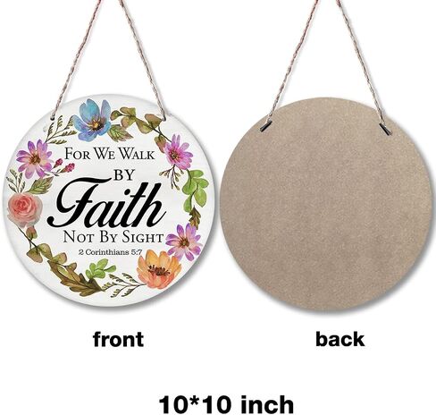 Yuzi-n for We Walk by Faith Wreath Sign for Front Door, 10" Circle Sign for Wreaths, Rustic Scripture Wooden Round Wreath Hanging Sign Plaque Wood Door Hanger Christian Home Wall Decor in Saudi Arabia