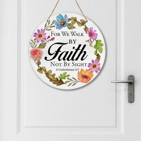 Yuzi-n for We Walk by Faith Wreath Sign for Front Door, 10" Circle Sign for Wreaths, Rustic Scripture Wooden Round Wreath Hanging Sign Plaque Wood Door Hanger Christian Home Wall Decor in Saudi Arabia