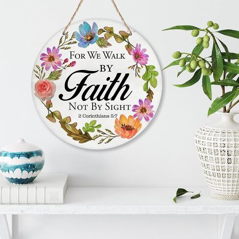 Yuzi-n for We Walk by Faith Wreath Sign for Front Door, 10" Circle Sign for Wreaths, Rustic Scripture Wooden Round Wreath Hanging Sign Plaque Wood Door Hanger Christian Home Wall Decor in Saudi Arabia