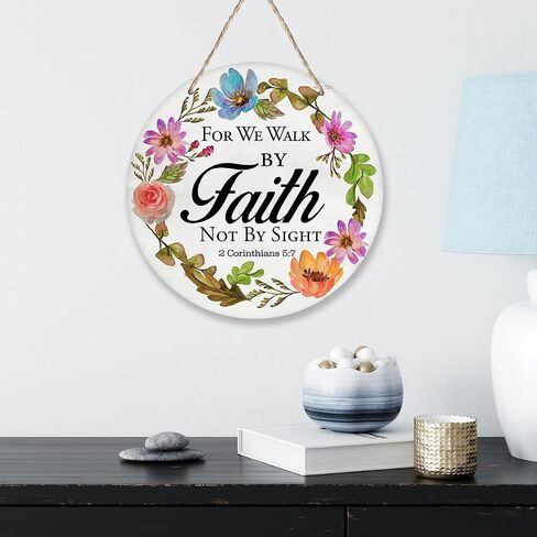 Yuzi-n for We Walk by Faith Wreath Sign for Front Door, 10" Circle Sign for Wreaths, Rustic Scripture Wooden Round Wreath Hanging Sign Plaque Wood Door Hanger Christian Home Wall Decor in Saudi Arabia