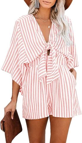 utcoco Women Casual Short Rompers Half Sleeve Tie Waist Striped Jumpsuits for Women (Medium, Pink) in Saudi Arabia