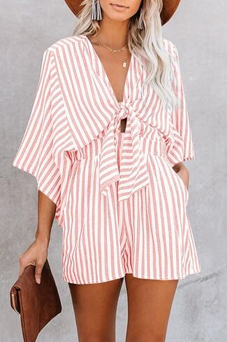utcoco Women Casual Short Rompers Half Sleeve Tie Waist Striped Jumpsuits for Women (Medium, Pink) in Saudi Arabia