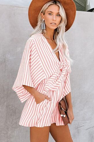 utcoco Women Casual Short Rompers Half Sleeve Tie Waist Striped Jumpsuits for Women (Medium, Pink) in Saudi Arabia