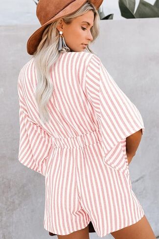 utcoco Women Casual Short Rompers Half Sleeve Tie Waist Striped Jumpsuits for Women (Medium, Pink) in Saudi Arabia