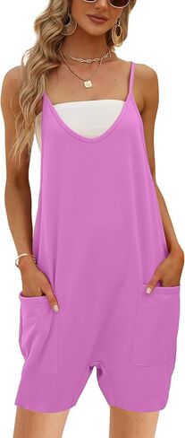 شورت نسائي صيفي كاجوال فضفاض بدون أكمام وحزام سباغيتي قابل للتمدد مع جيوب (1588-PurplePink-XXL-QB) in Kuwait