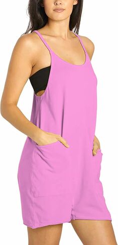 شورت نسائي صيفي كاجوال فضفاض بدون أكمام وحزام سباغيتي قابل للتمدد مع جيوب (1588-PurplePink-XXL-QB) in Kuwait