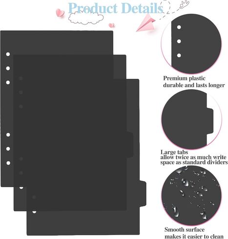6 Ring Clear Binder Dividers, A5 Insertable Tab Dividers, Clear Plastic Binder Index Dividers A5 Binder Dividers Pages with Tabs (6 Pack, Black) in Saudi Arabia