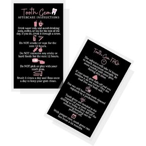 Tooth Gem Aftercare Instructions Cards | 50 Pack | Size 2x3.5 inches inch Business Card | Wallet Sized Black with Rosey Pink Design, black, white, pink