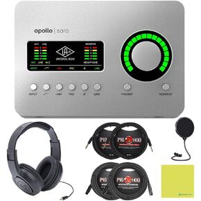 Universal Audio Apollo Solo USB Heritage Edition Bundle w/Samson Over-Ear Stereo Headphones, 2-Pack Pig Hog 8mm XLR Mic Cable, 2-Pack Pig Hog "Black Woven" Instrument Cable, & Liquid Audio Pop Filter