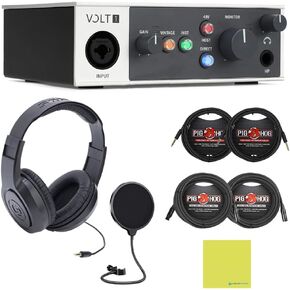 Universal Audio Volt 1 USB-C Audio Interface Bundle w/Samson Over-Ear Headphones, 2-Pack Pig Hog 8mm XLR Mic Cable, 2-Pack Pig Hog "Black Woven" Instrument Cable & Pop Filter