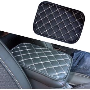 Pack-1 Car Center Console Decorative Pad, 11.41In x 7.48In Waterproof PU Leather Armrest Seat Box Protector, Universal Double Line Center Console Mat Accessories for SUV Truck (Black & Red)