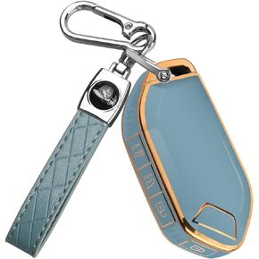 QBUC for Kia Key fob Cover,Soft TPU 360°Car Key Case Protector with Leather Keychain Compatible with Kia Telluride 2023/2024 5 Buttons Smart Key (Purple)