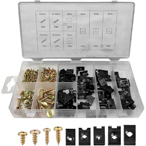 170 PCS Car U Clips and Screw Assortment Kit, 9 Different Sizes Automotive Tools U Nut and Screw Clip, Universal Auto Parts for Car Truck Door Dash Panel Interior