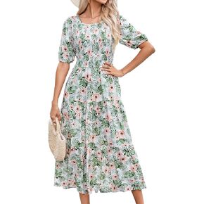 Chic Bohemian Ruffle Midi Women's Dress - Floral Elegance, Puff Sleeves, Summer Perfection
