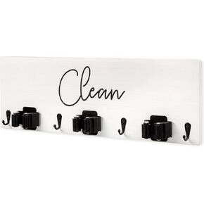 Ilyapa Mop and Broom Holder Wall Mount, Black Wooden Broom and Mop Organizer Wall Hanging, Kitchen Laundry Room Organizer Storage Rack, Broom Hanger Wall Mount, Broom Organizer Wall Mount