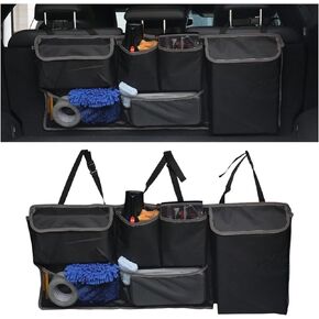 Collapsible Car Trunk Organizer, Backseat Hanging Storage Bag With Adjustable Straps, Large Capacity Car Storage Box Organizer with 4 Pockets & 2 Mesh Pouches for SUV MPV Truck Cargo (A/with Mesh Bag)