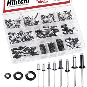 Hilitchi 560Pcs 8 Sizes Pop Rivets Assortment Kit with Washers, 3/32" 1/8" 5/32" 3/16" Aluminum Rivets Assorted Large Flange Blind Rivets with Case for Metal Furniture Vehicles(Black）