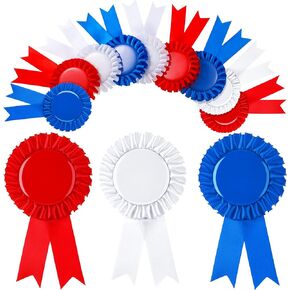 Sureio Blank Award Ribbon Rosette Ribbon Award Medals Make Your Own Place Ribbons Honorable Recognition Ribbons for DIY Classroom Party Accessory, White, Blue, Red (12)
