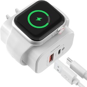 3-in-1 Charger Block, Built-in Watch Charger, 20W Portable Dual Port Charging Brick USB C Wall Plug, Suitable for Apple Watch 9/8/7/6/5/4/3/2/1/SE/Ultra, iPhone 15/14/13/12 Series