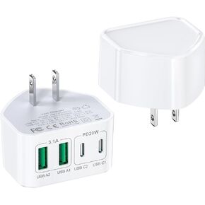 USB C Charger Block, 2-Pack 40W USB Wall Charger Thin Flat Cube, 4-Port Type C Charger Fast Charging Phone Charger, Dual Port PD Power Adapter+QC USB Wall Plug for iPhone 15 14 13 12 11 Samsung