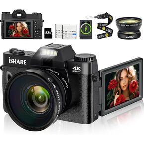 4K Digital Camera for Photography 56MP 18X Digital Zoom Auto Focus Macro Lens,Vlogging Camera with WiFi 2 Batteries 32G TF Card Portable Charger,Cameras Built in Microphone