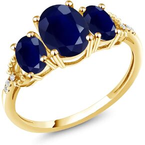Gem Stone King 10K Yellow Gold Oval Blue Sapphire 3 Stone Women Ring (2.94 Cttw, Gemstone Birthstone)