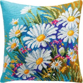 Brvsk Stamped Cross-Stitch Kit for Adults and Beginners — Meadow of Daisies 16″ × 16″ with Clear, Precise Printed Design on Cotton Canvas; Includes 2 Needles, Yarn, and Easy-Read Chart