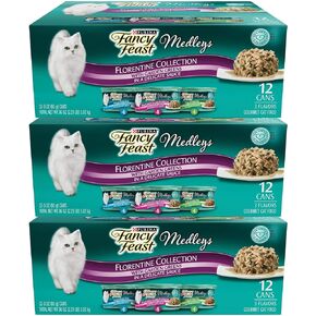 Fancy Feast Elegant Medleys Florentine Collection Cat Food Variety Pack 12-3 oz. Cans [Contains: 4 Each: Turkey Florentine, Tuna Florentine & White Meat Chicken Florentine] (3 Cases of 12 cans)