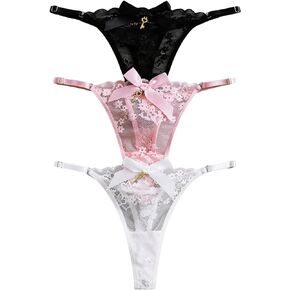 Verdusa Women's 3 Pack Bow Lace Thongs Low Rise Panties Underwear