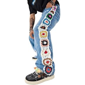 Men's Floral Crochet Ripped Distressed Jeans Straight Leg Denim Pants