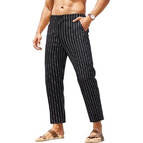 COOFANDY Men's Cotton Linen Pants Elastic Waist Lightweight Casual Pants Striped Beach Pants with Pockets