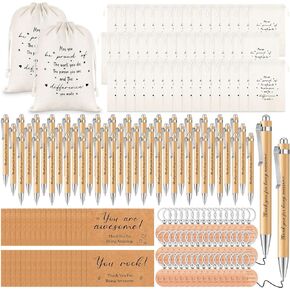Yeaqee 12 Sets Employee Appreciation Gift Include Motivational Burlap Drawstring Bags Wood Retractable Ballpoint Pens Inspirational Keychain Thank You Kraft Cards for Coworker Office Supplies