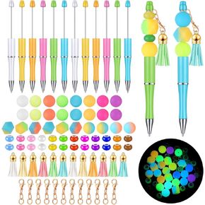 Tinlade 12 Pieces Beadable Pens Bulk with 50 Pcs Assorted Colors Beads Pens DIY Making Kit Multicolor Ballpoint Black Ink for Women Kids Students Office School(Donut Style)