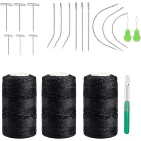 Kyzistn Needle and Thread for Weave,3 Rolls Hair Weave Sewing Threads with 21Pcs C J I T Shape Curved Upholstery Needles for Making Wigs DIY,Clips Hair Extensions
