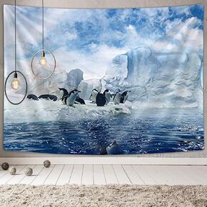 DYNH Antarctica Sea Animals Tapestry Wall Hanging, Penguins on Winter Glacier Snow 3D Tapestry Wall Blanket Decor, Hippie Tapestry for Bedroom Living Room Dorm, Panels 71 x 60 Inch