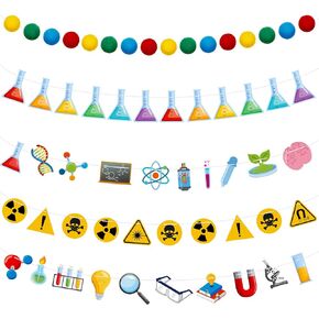 Wettarn 5 Pieces Science Party Decorations Science Banner Science Birthday Party Decorations Felt Ball Garland Colorful Pom Pom Garland Chemistry Lab Hanging Garland Banner for Home
