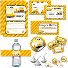 Amanda Creation Baby Under Construction Boy Baby Shower Party Bundle Includes 20 each of Invitations with Envelopes + 4 Different Sizes of Decorative Stickers, Diaper Tickets & Bring a Book Cards