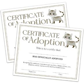 Pet Adoption Certificate - Adopt A Cat Certificate for Girl - Cat Kitten Adoption Party Decorations - Cat Birthday Party Favors Supplies, 10 Adoption Certificates (CC04)