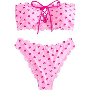 SHENHE Women's Tie Front Strapless 2 Piece Swimsuit Scalloped Cute Bandeau Bikini Set