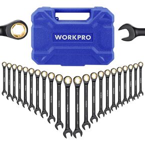 WORKPRO 22-Piece Ratcheting Wrench Set, Anti-slip Teeth, Ratchet Combination Wrench Sets with Organizer Box, Metric 6-18mm & SAE 1/4-3/4", Black Electrophoretic Coating