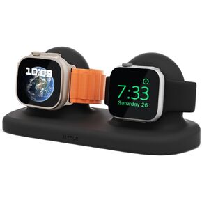 ELETIUO Dual Charger Stand for Apple Watch Series 49/45/44/42/41/40/38mm iWatch Ultra2/Ultra/9/8/7/6/SE2/SE/5/4/3/2/1 Accessories,Silicone Charging Dock Organizer Supports Night Stand Mode,Black