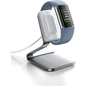شاحن Intoval SmartWatch لـ Fitbit Charge 6، Charge 5 وLuxe، قاعدة شحن من سبائك الزنك، بديل لشاحن Fitbit Charge 6 وشاحن Fitbit Charge 5، مدمج مع كابل بطول 5 أقدام (فضي)