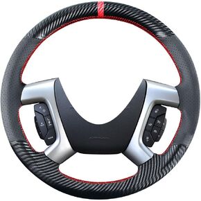 DIY Stitching Carbon Fiber Steering Wheel Cover for Chevrolet Tahoe Suburban Avalanche Silverado Express Traverse Black 15 inches Leather Interior (Fit Original Leather Steering Wheel)