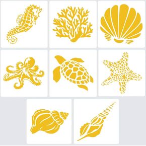 8 Mixed Media Sea Creatures Animals Stencils Set 5.1x5.1" Templates for Arts Card Making Journaling Scrapbooking DIY Furniture Wall Floor (Starfish, Conch, Seahorse, Coral, Shell,Sea Turtle, Octopus)
