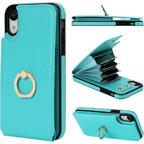 Folosu Compatible with iPhone XR Case Wallet with Card Holder, 360°Rotation Finger Ring Holder Kickstand Protective RFID Blocking PU Leather Double Buttons Flip Shockproof Cover 6.1 Inch Rose Gold