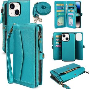 for iPhone 15 Plus Wallet Case for Women, Support Wireless Charging with RFID Blocking Card Holder, PU Leather Zipper Wallet Detachable Magnetic Phone Case with Crossbody Strap, Black